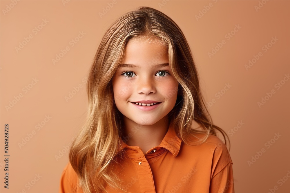Portrait of a cute little girl in orange shirt on a beige background Portrait of a cute little girl in orange shirt on a beige background