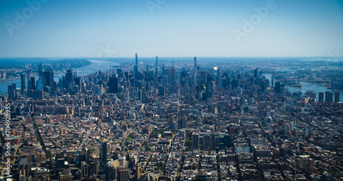 Scenic Aerial New York City View Towards Lower Manhattan Architecture. Panoramic Shot of Midtown Financial District from a Helicopter. Cityscape with Office Buildings and Skyscrapers