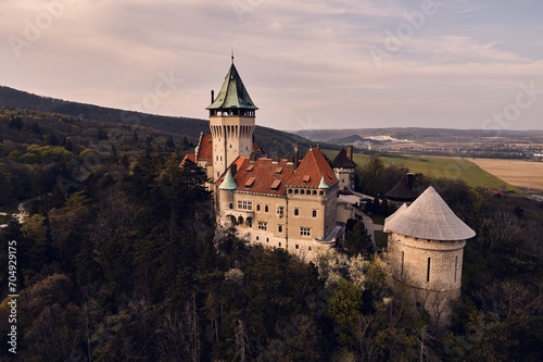 Aerial view of Bojnice romantic medieval castle in Slovakia. Europe traveling concept.