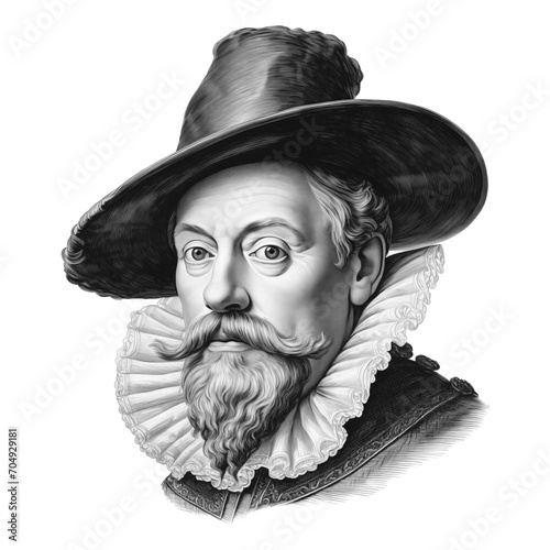 Black and white vintage engraving, headshot portrait of Peter Paul Rubens, the old master Flemish artist and diplomat, white background, greyscale - Generative AI photo