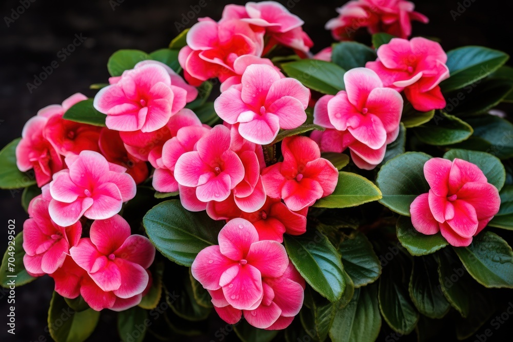 a close up of a bunch of pink flowers with green leaves on the top and bottom of the flowers on the bottom of the stems. a close up of a bunch of pink flowers with green leaves on the top and bottom of the flowers on the bottom of the stems.