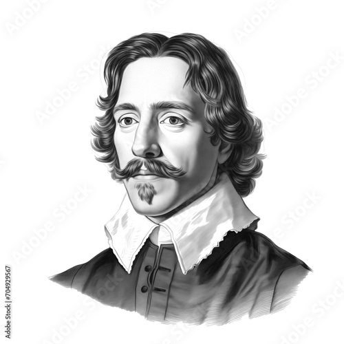 Black and white vintage engraving, headshot portrait of Diego Rodríguez de Silva y Velázquez, the famous Spanish painter, white background, greyscale - Generative AI photo