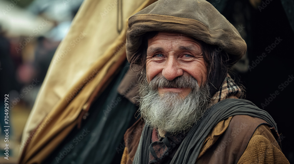 Smiling bearded man in hat.