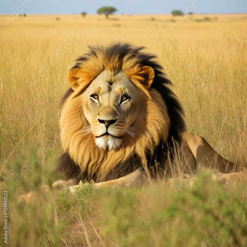 A male lion rest in the grassland
