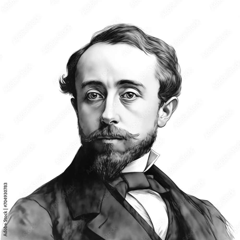 Black and white vintage engraving, headshot portrait of Edgar Degas (Hilaire Germain Edgar), the famous French impressionist artist, white background, greyscale - Generative AI