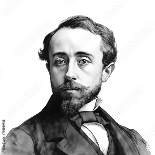 Black and white vintage engraving, headshot portrait of Edgar Degas (Hilaire Germain Edgar), the famous French impressionist artist, white background, greyscale - Generative AI