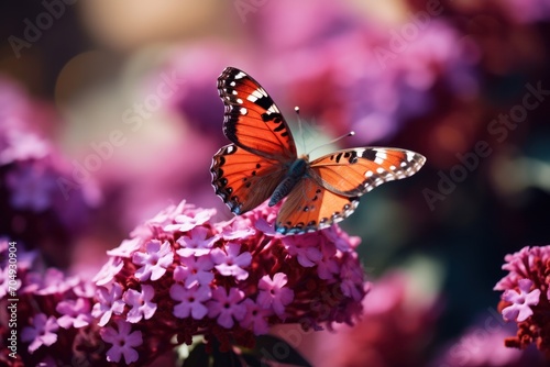  a close up of a butterfly on a flower with purple flowers in the foreground and a blurry background. © Shanti