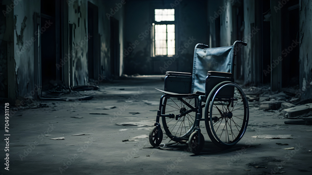 An empty wheelchair in an abandoned silent hospital aisle