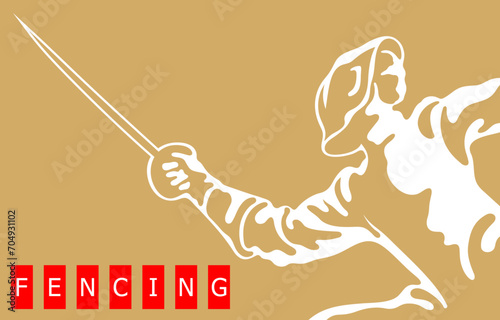 Silhouette of a swordsman in action. Golden stencil emblem. Vector image