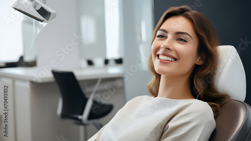 A smiling woman sitting on a dentist's chair