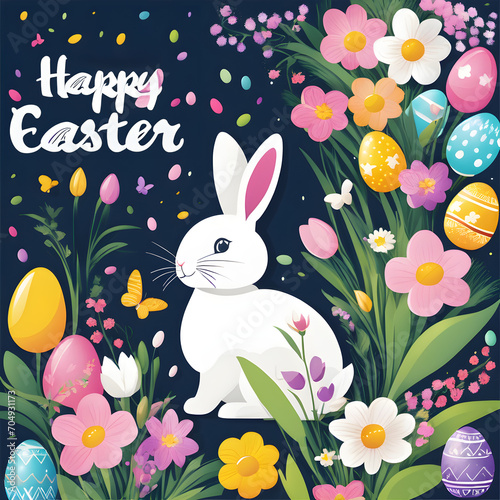 Easter greeting card design, hand-painted strokes and dots background, spring flowers, scattered Easter eggs. 