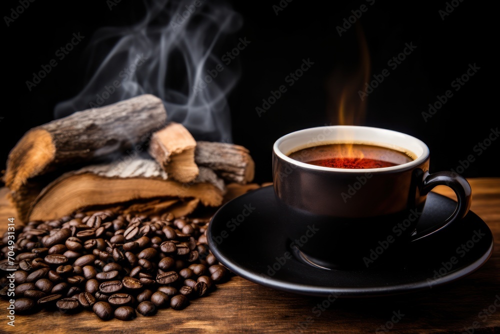 a cup of coffee sitting on top of a wooden table next to a pile of coffee beans and a book. a cup of coffee sitting on top of a wooden table next to a pile of coffee beans and a book.