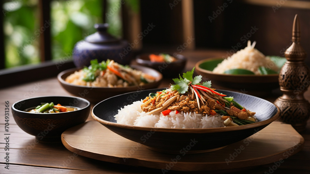 Thai culinary tradition with a side view of Rice Thai food arranged on a classic wooden table
Thai culinary tradition with a side view of Rice Thai food arranged on a classic wooden table