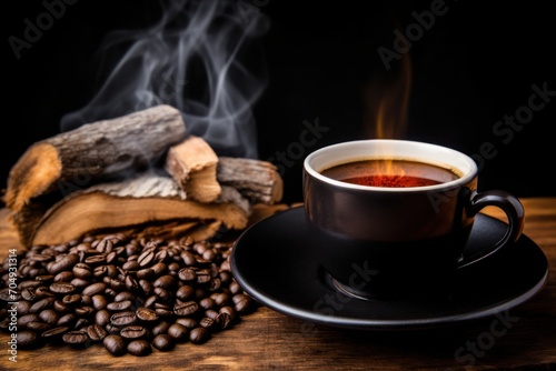  a cup of coffee sitting on top of a wooden table next to a pile of coffee beans and a book.