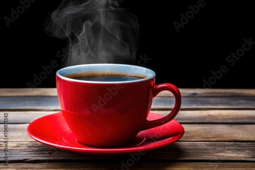  a cup of coffee on a saucer with steam rising out of the cup and saucer on a wooden table.