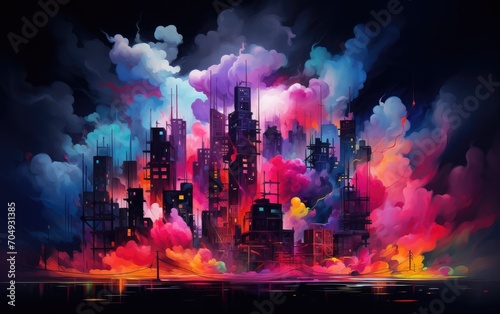 The energy and vitality of a vibrant cityscape rendered in the form of abstract, neon-hued smoke, abstract colorful smoke.