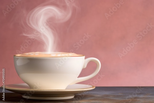  a cup of coffee on a saucer with steam rising out of it on a wooden table against a pink wall.