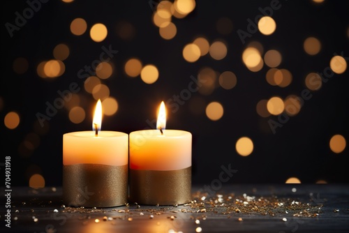 closeup of burning candles on abstract black background contemplate celebration mood with blurry lights, a festive concept with copy space © JetHuynh