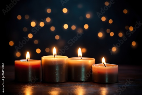 closeup of burning candles on abstract black background contemplate celebration mood with blurry lights  a festive concept with copy space