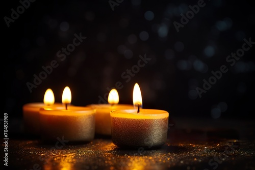 closeup of burning candles on abstract black background contemplate celebration mood with blurry lights, a festive concept with copy space