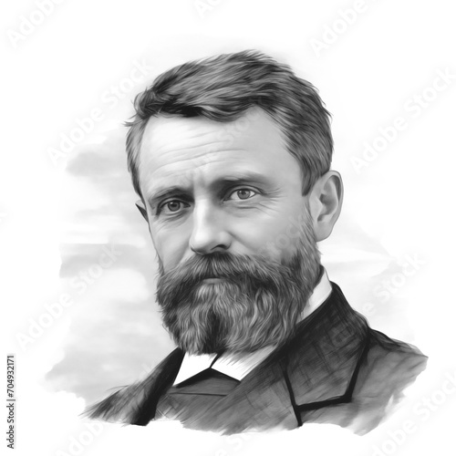 Black and white vintage engraving, headshot portrait of Pierre-Auguste Renoir, the famous French artist, with beard, white background, greyscale - Generative AI photo