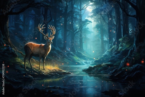  a deer standing in the middle of a forest next to a river with fireflies floating on it's side. © Shanti