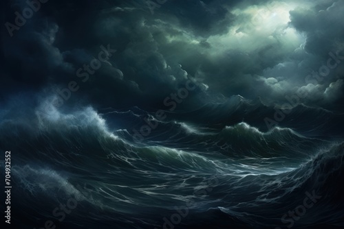  a painting of a storm in the ocean with a boat in the middle of the water and a full moon in the sky.