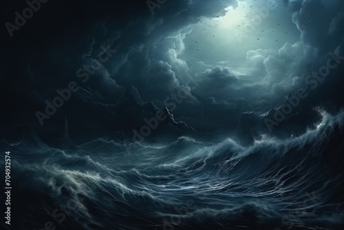  a painting of a large body of water in the middle of a dark sky with a full moon above it.