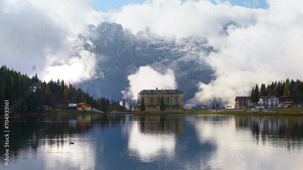 Private hospital Istituto Pio XII on Misurina lake with the Three Peaks of Lavaredo in background Private hospital Istituto Pio XII on Misurina lake with the Three Peaks of Lavaredo in background