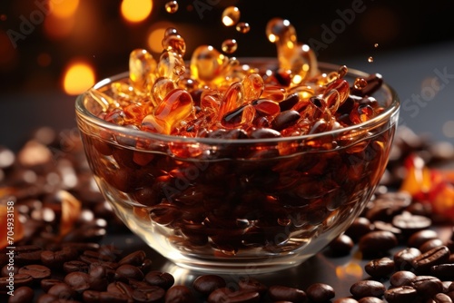  a glass bowl filled with coffee beans on top of a pile of coffee beans next to a pile of coffee beans.