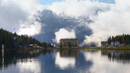Private hospital Istituto Pio XII on Misurina lake with the Three Peaks of Lavaredo in background photo