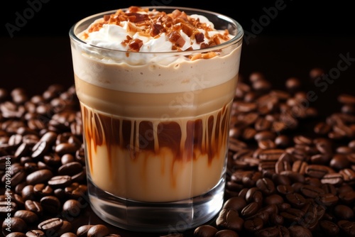  a close up of a cup of coffee with whipped cream on top and coffee beans on the ground next to it.