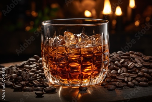  a glass filled with ice sitting on top of a pile of coffee beans next to a pile of lit candles.