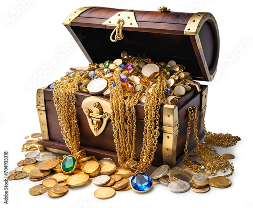 Opened treasure chest with overflowing gems, gold coins and jewelry, isolated