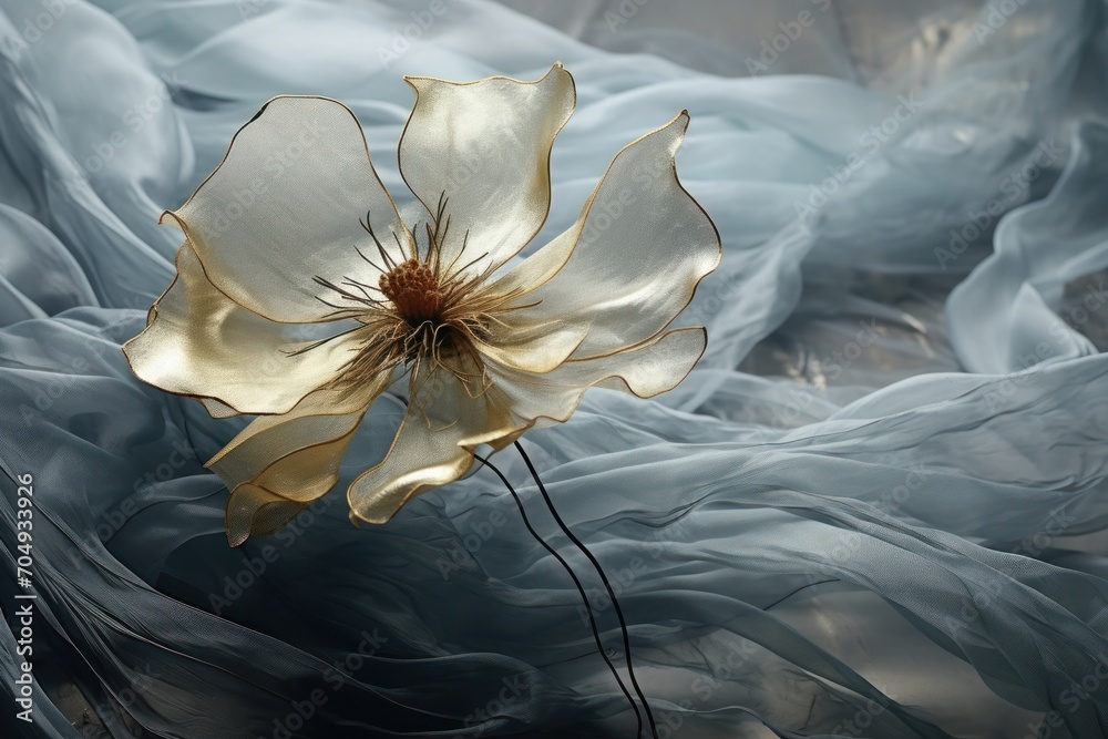  a large white flower sitting on top of a bed covered in blue sheets and a brown center piece in the center of the picture.