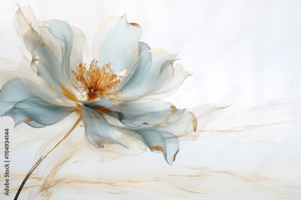  a white and blue flower with yellow stamens on a light blue and white background with gold stamens on the petals.