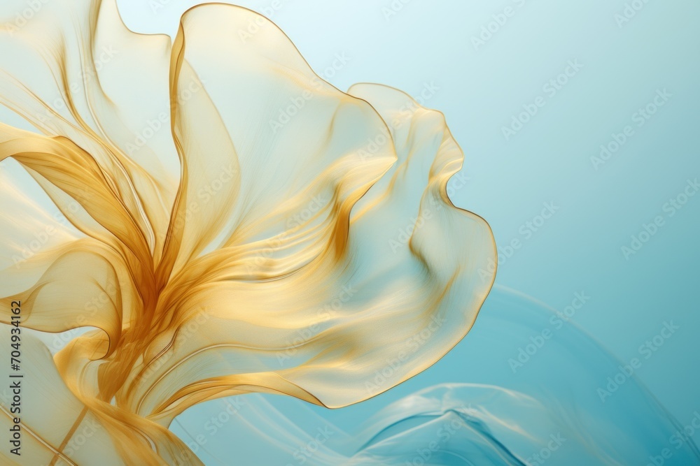 a close up of a yellow flower on a blue background with a blurry image of a flower in the foreground. a close up of a yellow flower on a blue background with a blurry image of a flower in the foreground.