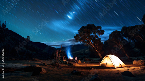 A cozy campsite under the stars in a remote wilderness area.