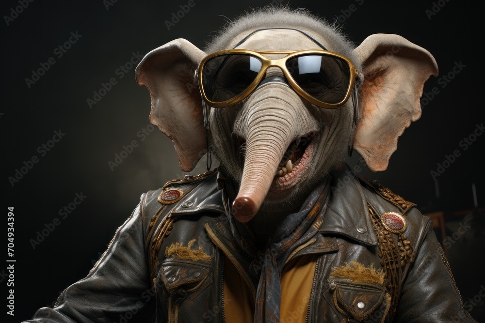 an elephant wearing a leather jacket with sunglasses on it's head and wearing a leather jacket with sunglasses on it's head. an elephant wearing a leather jacket with sunglasses on it's head and wearing a leather jacket with sunglasses on it's head.