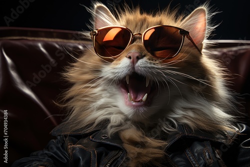  a cat wearing sunglasses and a leather jacket with its mouth open and it's mouth wide open with it's mouth wide open.