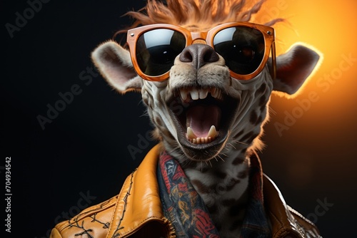  a close up of a giraffe wearing sunglasses and a leather jacket with an orange light in the background. © Shanti