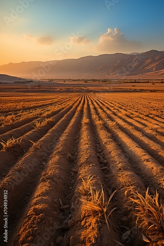 plowed field at sunset photo
