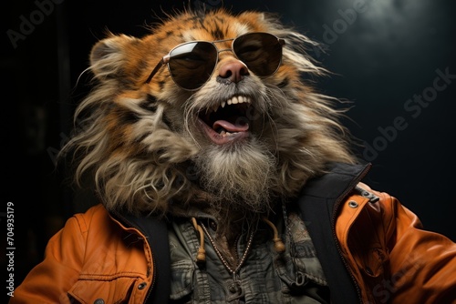  a close up of a person wearing sunglasses and a furry animal wearing a leather jacket and sunglasses with his mouth open. © Shanti