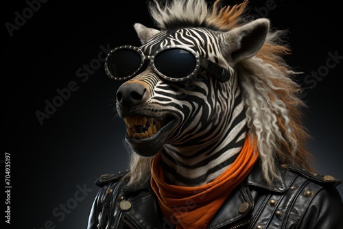  a zebra wearing sunglasses and a leather jacket with a scarf around it's neck and a leather jacket with a scarf around it's neck.