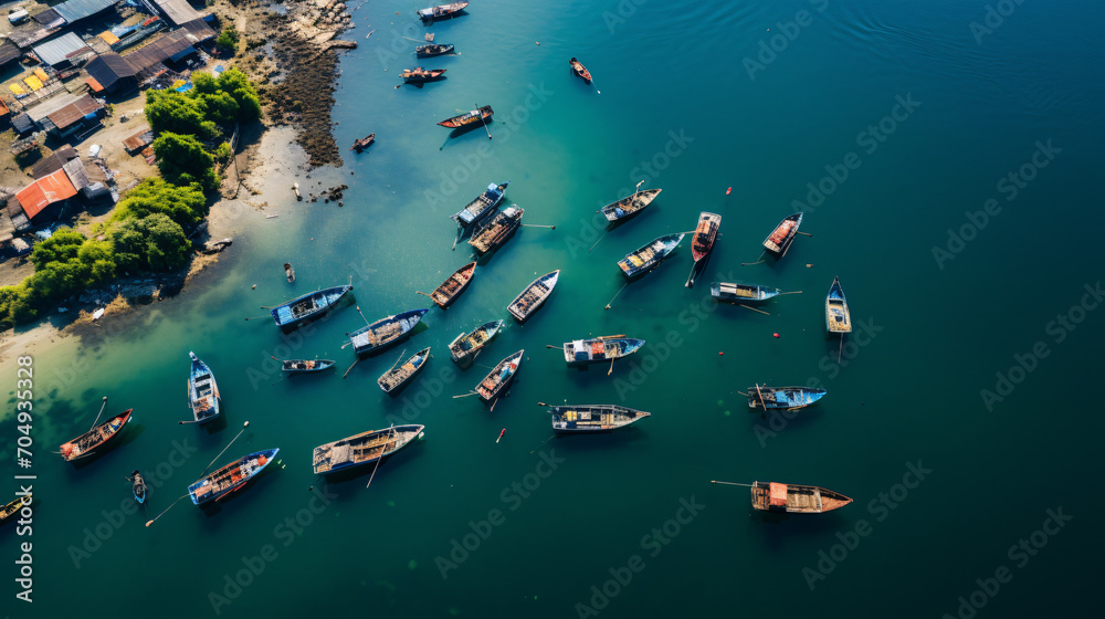 Aerial photograph of a traditional fishing village with boats and docks nestled by the sea.