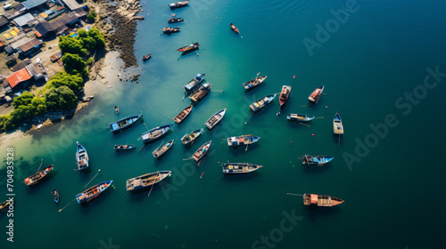 Aerial photograph of a traditional fishing village with boats and docks nestled by the sea. © Thomas