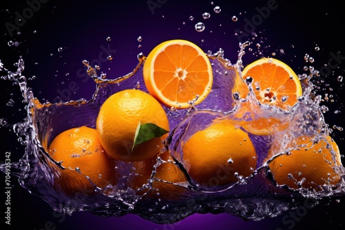  a group of oranges floating in water with splashing on the top of the picture and on the bottom of the picture.
