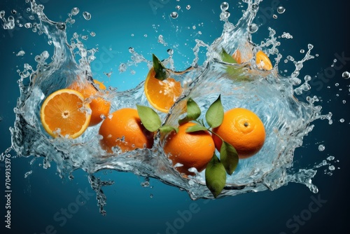  a group of oranges floating in water with leaves and leaves on the top of the oranges and leaves on the bottom of the water.