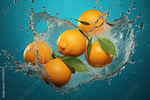  a group of oranges floating in water with leaves on the top of the oranges and leaves on the bottom of the water.