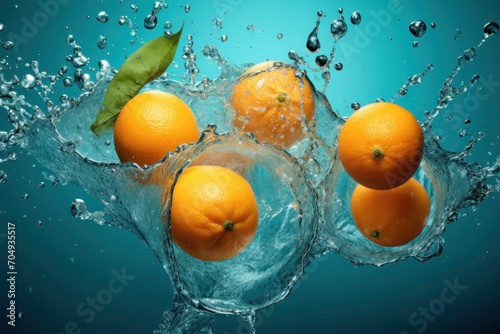  a group of oranges floating in water with a green leaf sticking out of the top of one of them.